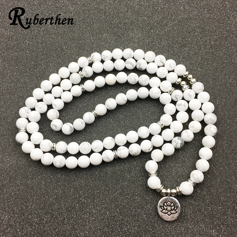 Kaufen Ruberthen Entwickelt frauen Armband Trendy 108 Mala Howlite Lotus Armband oder Halskette Hohe Qualität Yogi Schmuck Geschenk für Mädchen