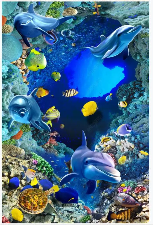 

Custom photo wallpaper 3d Flooring painting wallpaper Underwater World Dolphin Turtle 3D Floor Sticker murals wall papers