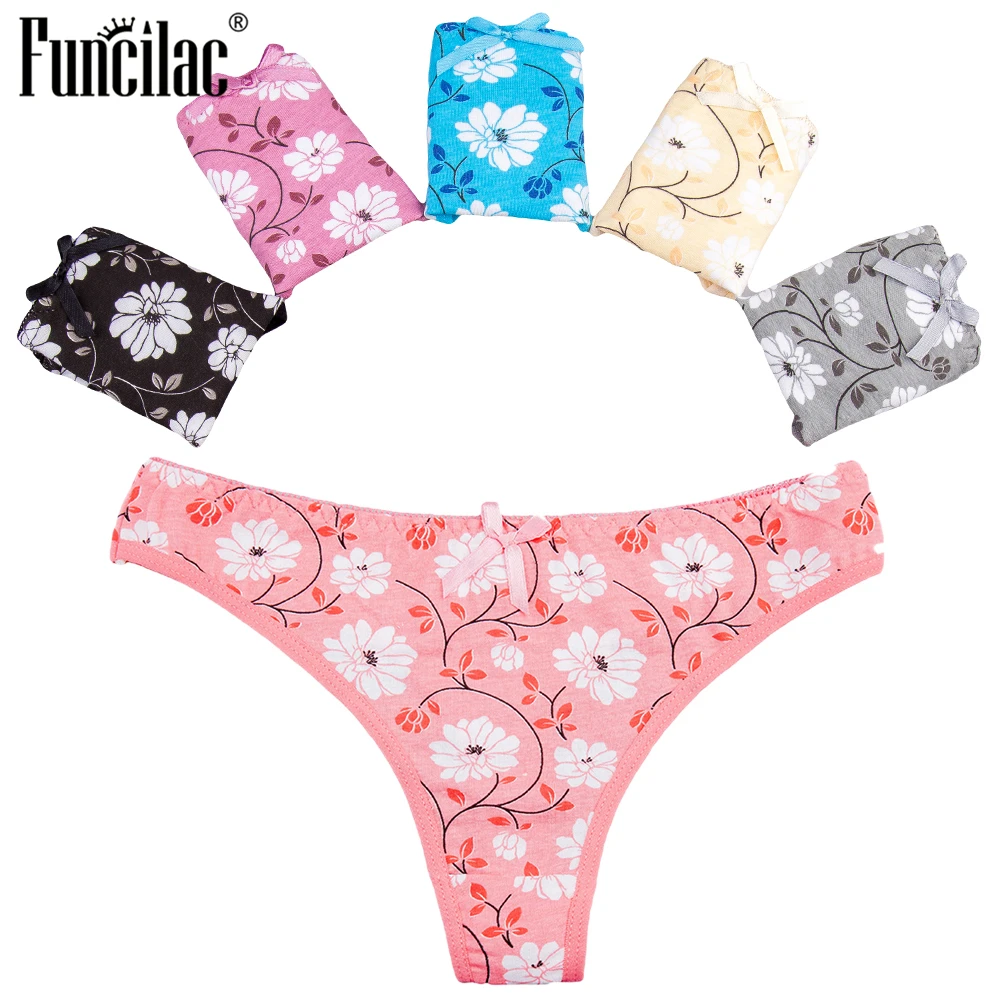 

FUNCILAC Women Cotton Thong Briefs for Women Sexy G-String Floral Print Underwear Underpants Ladies Panties Lingerie 5 Pcs/Lot