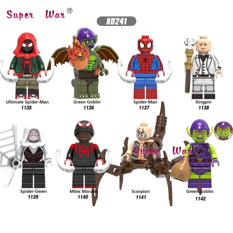 

50pcs Marvel Movie Spiderman Miles Green Goblin Ultimate Kingpin Noir Gwen scorpion building block for children toys