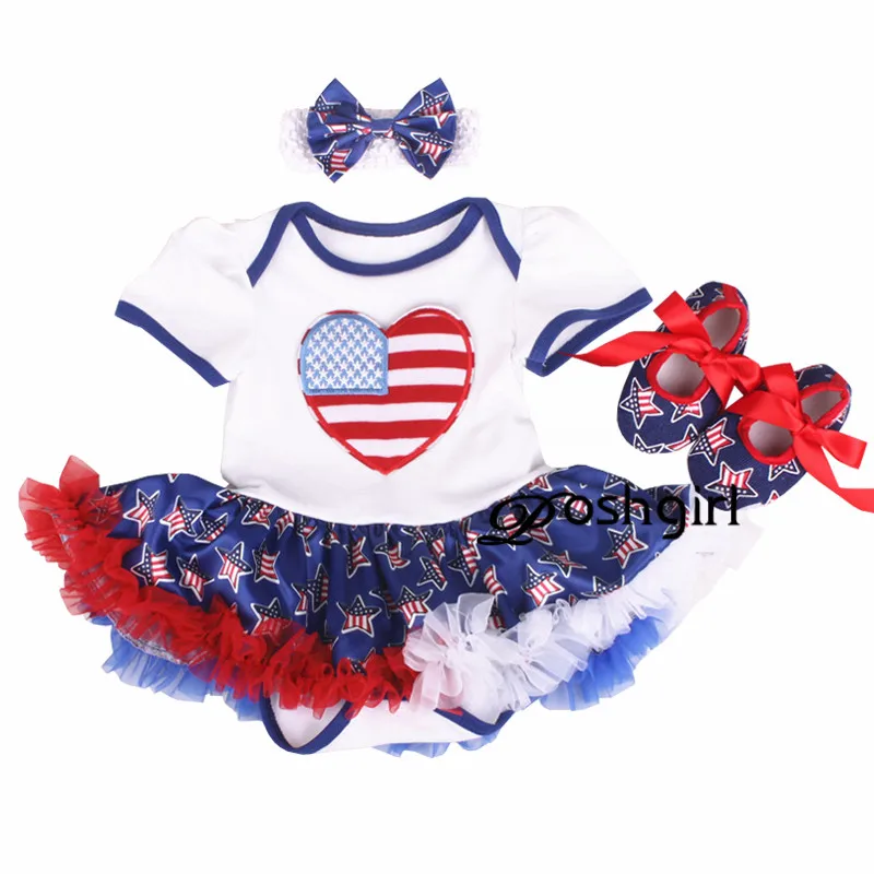 

4th July America Flag LOVE White Happy Fourth of July USA Flag 1ST Birthday Party Bebe Romper Star Girl Baby Dress Outfit NB-18M