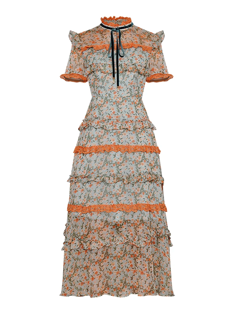 SEQINYY зеленое платье миди летнее Новое модное дизайнерское высококачественное оранжевое кружевное платье с цветочным принтом облегающе шифоновое платье для женщин