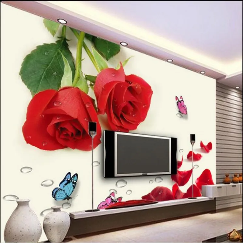 

wellyu Custom large - scale murals fantasy red rose butterfly water drop TV wallpaper non - woven wallpaper papel de parede