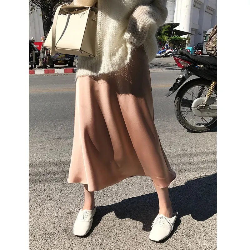 

Women 2019 Summer Elegant A-Line Midi Skirt Casual Solid High Waist Silk Satin Skirts