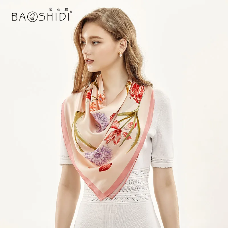 

[BAOSHIDI] 2019 New Arrival 100% Satin Silk 90*90 Square Scarf Women, Luxury Brand original design, elegant lady hijab scarf