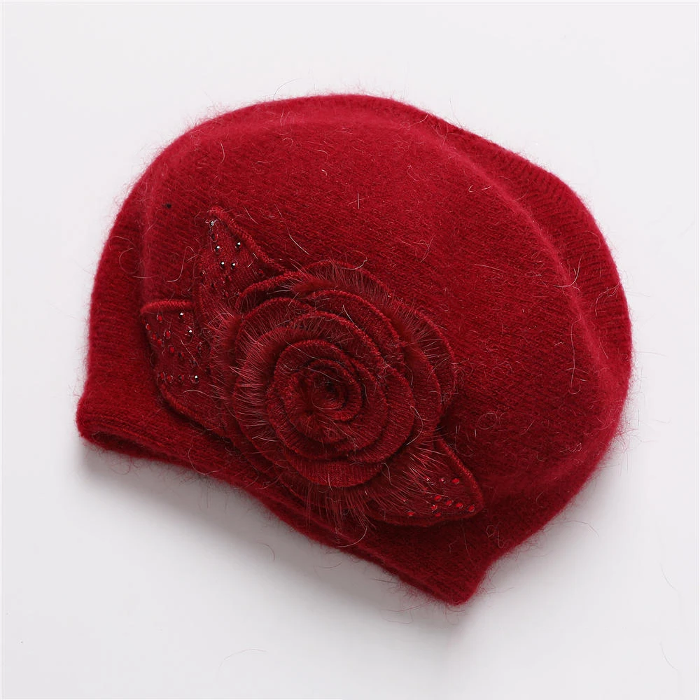 Angora Beret Women Winter Hat Knit Cap Beanie Headwear Warm Flower Casual Soft Classic Thermal Snow Outdoor Accessory (12)