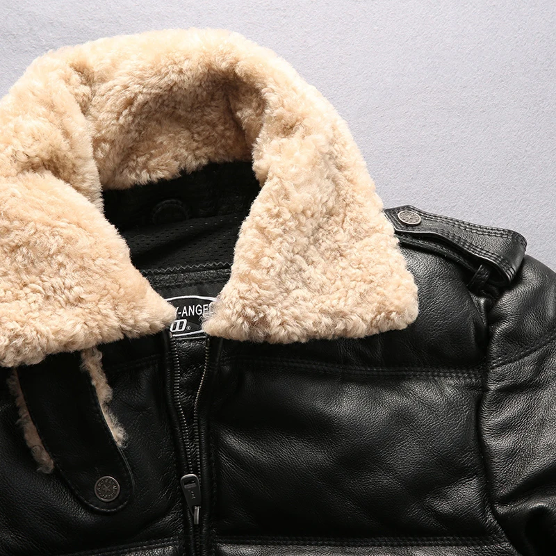 Модный Зимний пуховик с меховым воротником, кожаная куртка для мужчин, черное Мужское пальто из коровьей кожи, мягкая оболочка, куртка пилота, кожаное пальто для мужчин