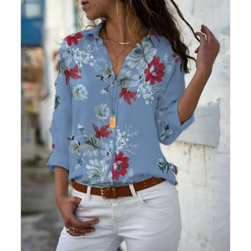 5 ألوان زائد حجم النساء السيدات الأزهار الشيفون زر يصل قميص V الرقبة طويلة الأكمام قمم بلوزة Sml XL 2XL 3XL 4XL 5XL