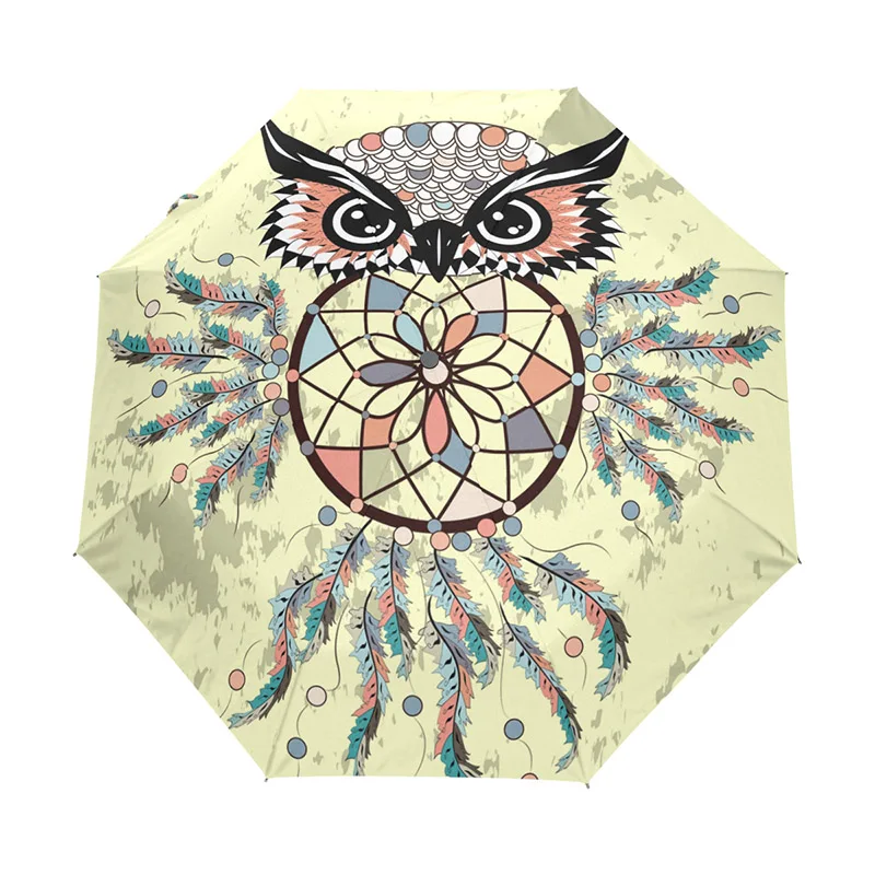 

Women Folding Owl Automatic Umbrella Female Beach Customized Dreamcatcher Rain Umbrellas Children Unique Gift Umbrella