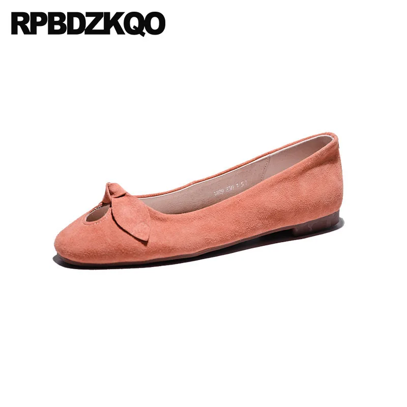 

Bow Chinese Embellished Peach Square Toe Women Flats Shoes With Little Cute Bowtie Japanese Suede Genuine Leather Kawaii China