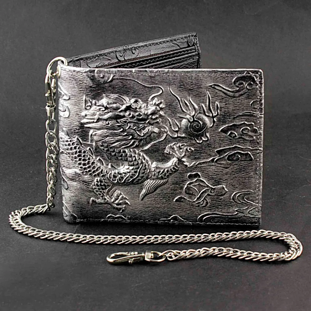 

Mens Dragon Vintage Silver Grey Leather Wallet Card Holder Purse With Chain