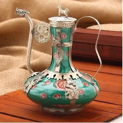 

Ancient Exquisite Antique Tibet Silver Green Porcelain "good health" Word Teapot decoration Tibetan Silver word Wholesale bronze