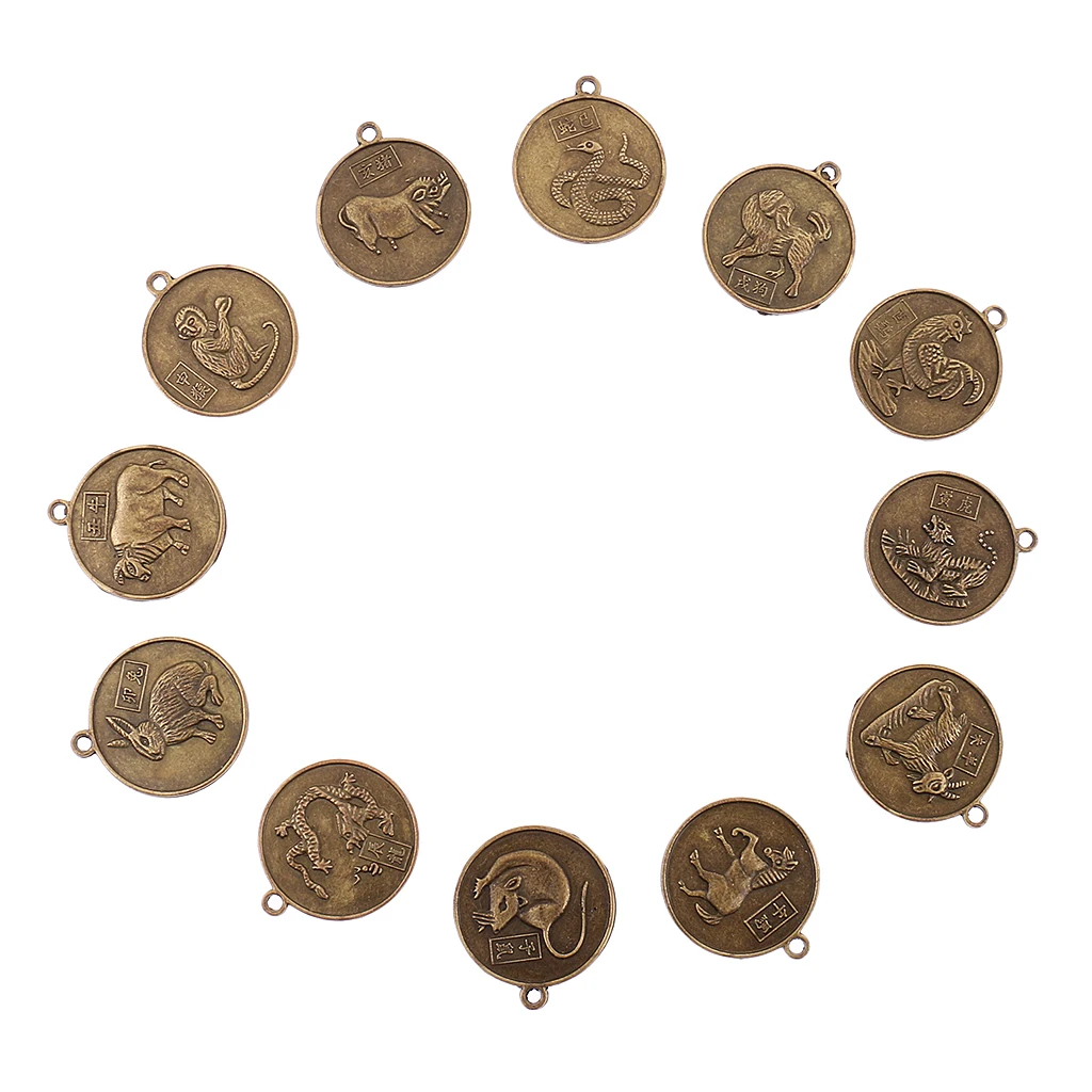 Set of Chinese 12 Zodiac Signs Pendant Round Double Sided Horoscope Charms | Украшения и аксессуары