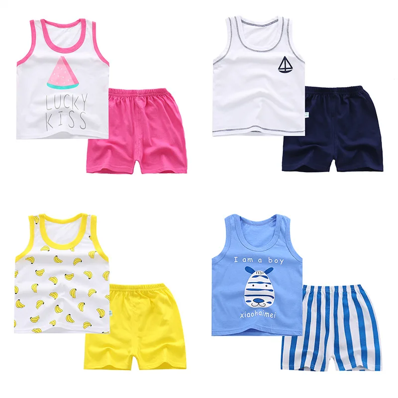Летние костюмы из 2 предметов комплект одежды для маленьких мальчиков, жилет с рисунком для мальчиков и девочек, комплект одежды, хлопковые спортивные футболки без рукавов шорты для малышей