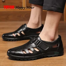 Сандалии из натуральной кожи; Мужская обувь; коллекция года; летняя кожаная обувь; сандалии с отверстиями; Мужская Брендовая обувь; Цвет Черный; KA1223