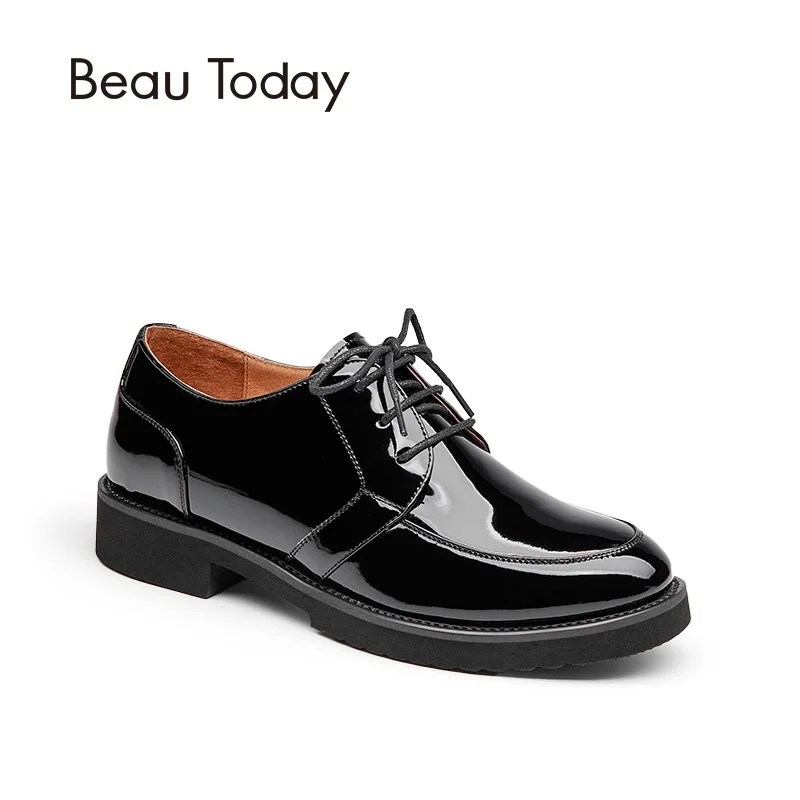 

BeauToday Oxford Shoes Genuine Leather Spring Autumn Lace-Up Round Toe Calfskin Patent Leather Ladies Shoes 21074