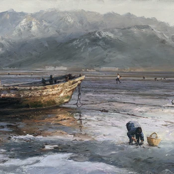

landscape seascape scenery painting Chinese painting Chinese contemporary artist masterpiece poster mountains boat figures