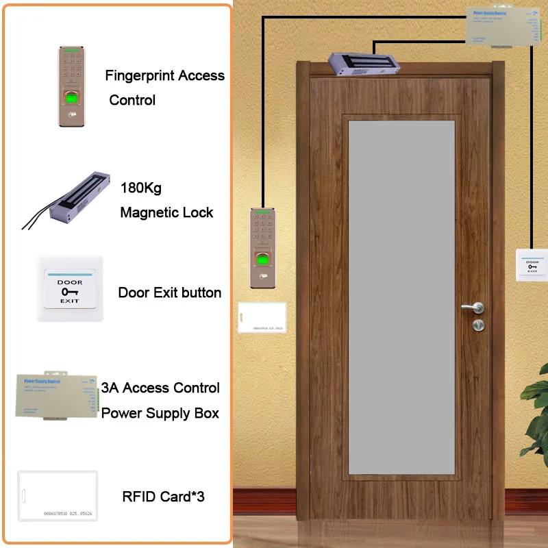 

Eseye RFID Access Control System Kit Wooden Glasses Door Set Eletric Magnetic Lock ID Card Power Supplier Box Door Exit Button