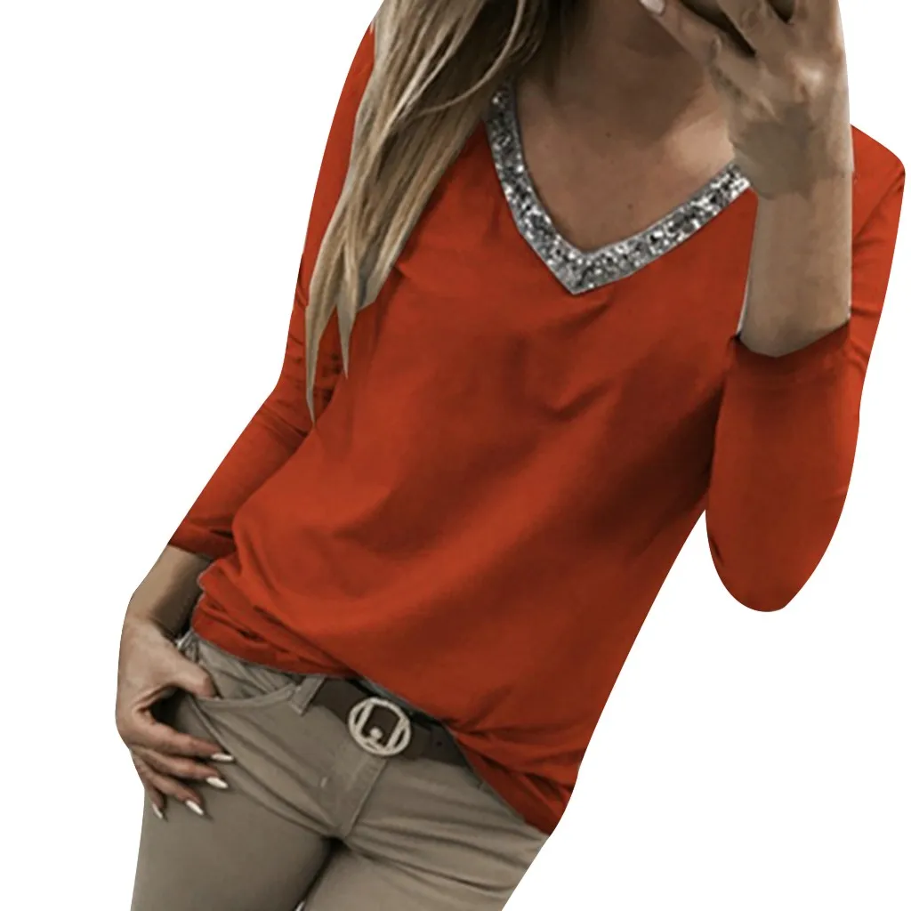 

CHAMSGEND Fashion Womens Sexy Sequins Long Sleeve V-Neck Tops Casual Plus Size Women Slim Blouse High Quality Tops Ja29