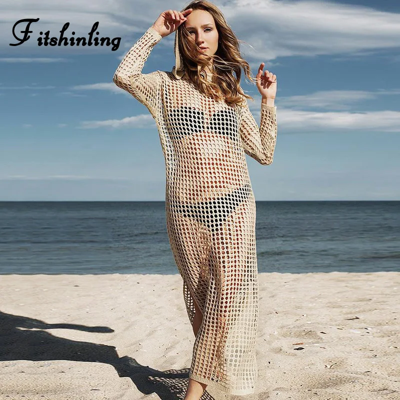

Fitshinling Hollow Out Knitted Hooded Long Dress Women Autumn Beach Tunic Long Sleeve Sexy Hot Khaki Maxi Dresses Swimwear Pareo