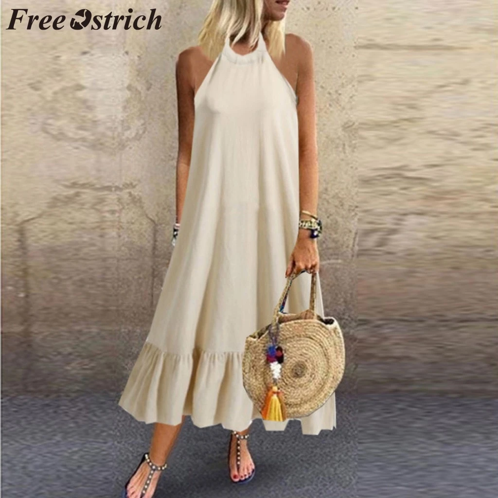 

FREE OSTRICH Dress Women Hanging Neck Solid Color Sleeveless Princess Calf Length Current Elegant Graceful Long Dress Summer