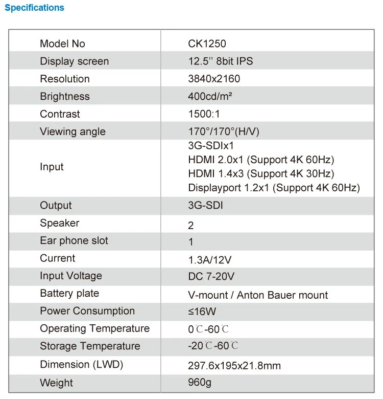 Neway CK1250 12,5 дюймов 4K 3G-SDI HDMI 3840*2160 родное разрешение Quad View 4K HDMI 3g SDI накамерный монитор