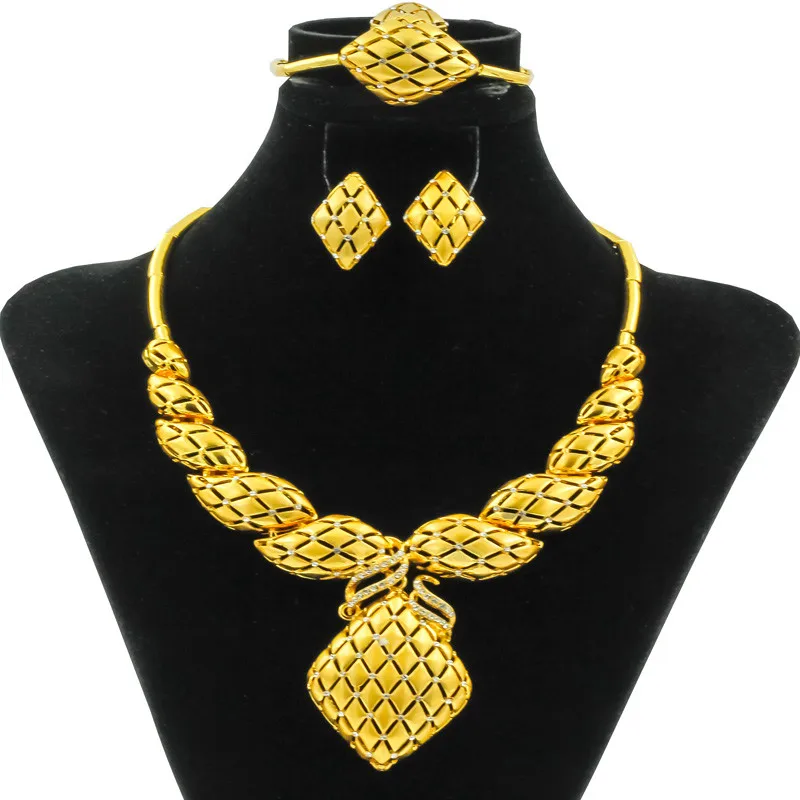 

Sales! Italy Jewelry Set for Women Plain Gold Leaves Hollow Net African Necklace Earrings for Girls Luxury Gold Jewelry Sets