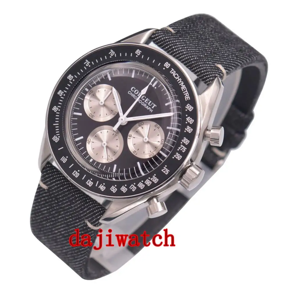 

40mm corgeut Quartz Mens Watch black dial Leather strap Multifunction Full Chronograph