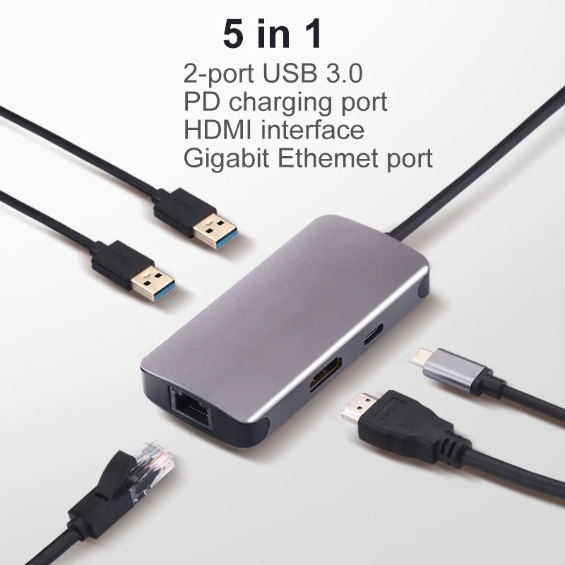 OFCCOM док-станция с usb-gортом все-в-одном USB C конвертер в HDMI VGA RJ45 PD адаптер для MacBook samsung Galaxy S10/S9 Тип C концентратор - Цвет: 5-in-1 RJ45HDMI Gray