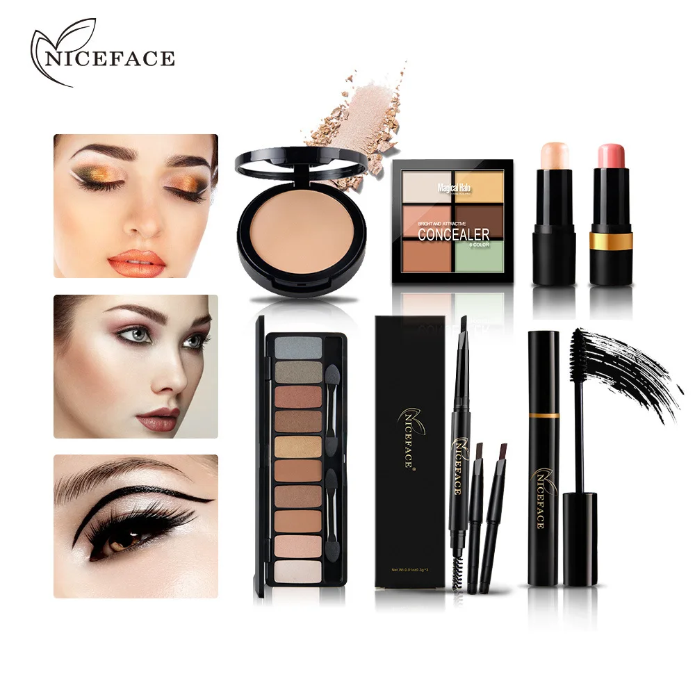 

Niceface Brand Makeup Sets Waterproof Face Concealer Powder Palette Blush Highlighter Stick Eyebrow Pencil Mascara Cosmetics Kit