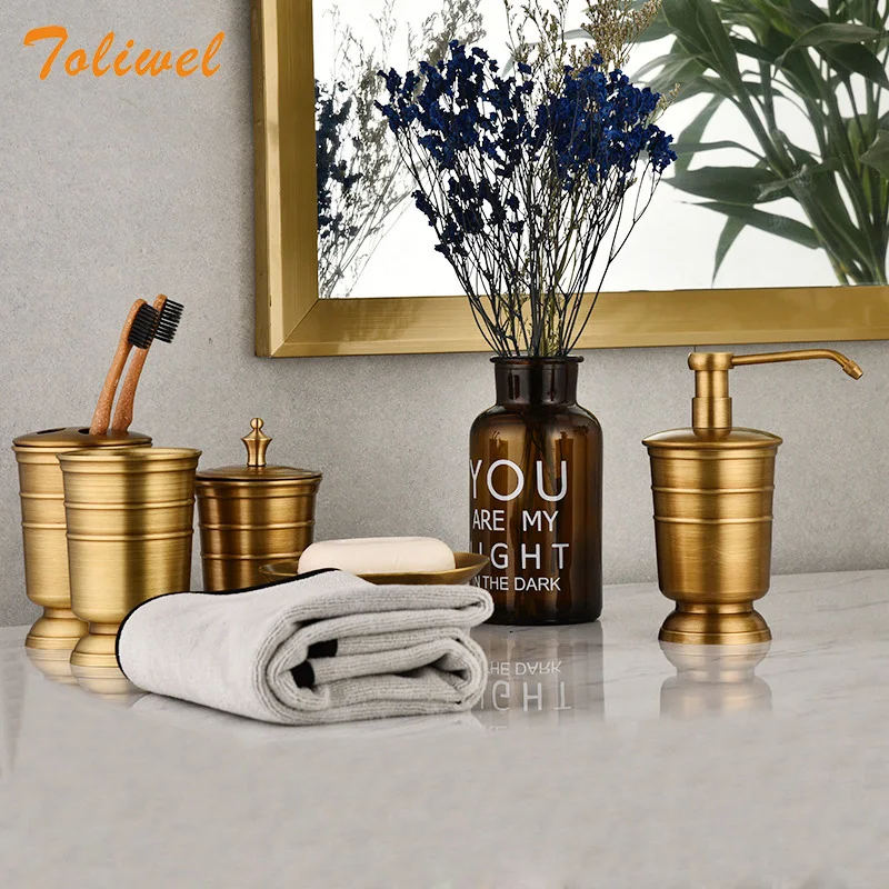 Preise Antike Messing Seife Dish Flüssigkeit Seife Dispenser Zahnbürste Halter Gurgeln Tasse Lagerung Tank 5 stücke Badezimmer Zubehör Set