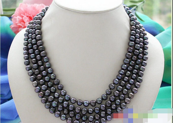 

CB90 Beautiful 4row 17" 8mm black round freshwater cultured pearl necklace