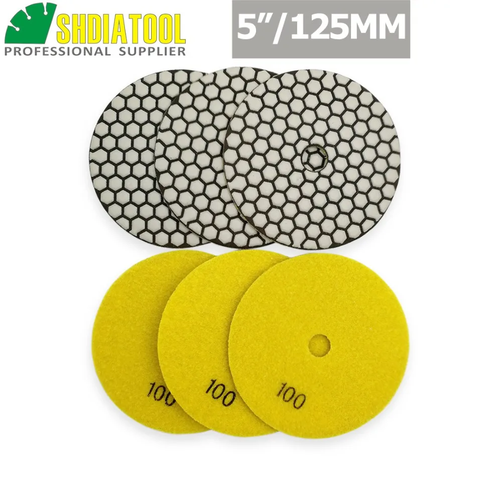 

SHDIATOOL 6pcs 5" grit #100 B Diamond dry polishing pads Dia 125mm Resin Bond Sanding Disc For Granite Marble Stone Polisher Pad