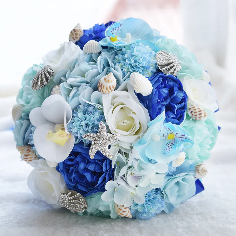 

Fresh Style Hawaiian Ocean Star Hydrid Blue Ivory Flowers Bouquet for Wedding Bridal Holding Flowers Navy Blue