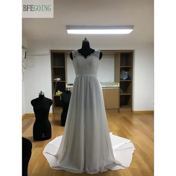 

White Lace Satin Chiffon V-Neck A-line Wedding dresses Chapel Train Sleeveless Bridal Gown Custom made