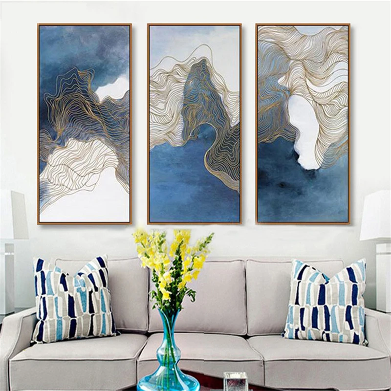 Drawing Lines With Canvas : Simple nordic mix blue color wall drawing abstract gold