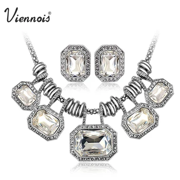

Viennois Silver Color Gun Plated Crystal Jewelry Set For women White Red Chain Necklaces & Stud Earrings Luxury Party Jewelry