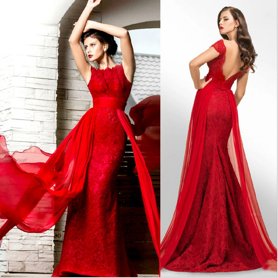 Red lace open back prom dress Party dresses for women over 40