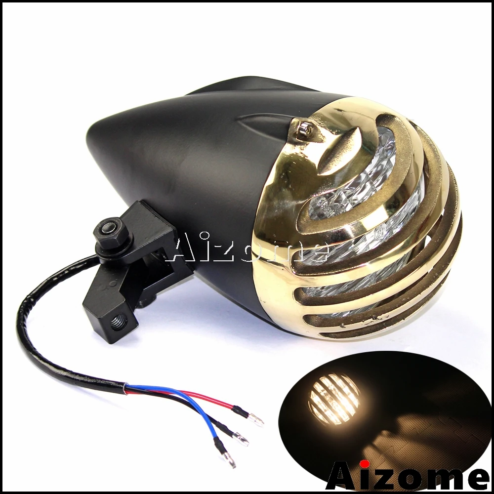 Universal Old School Brass Black Grilled Headlamp Bullet Headlight Lamp