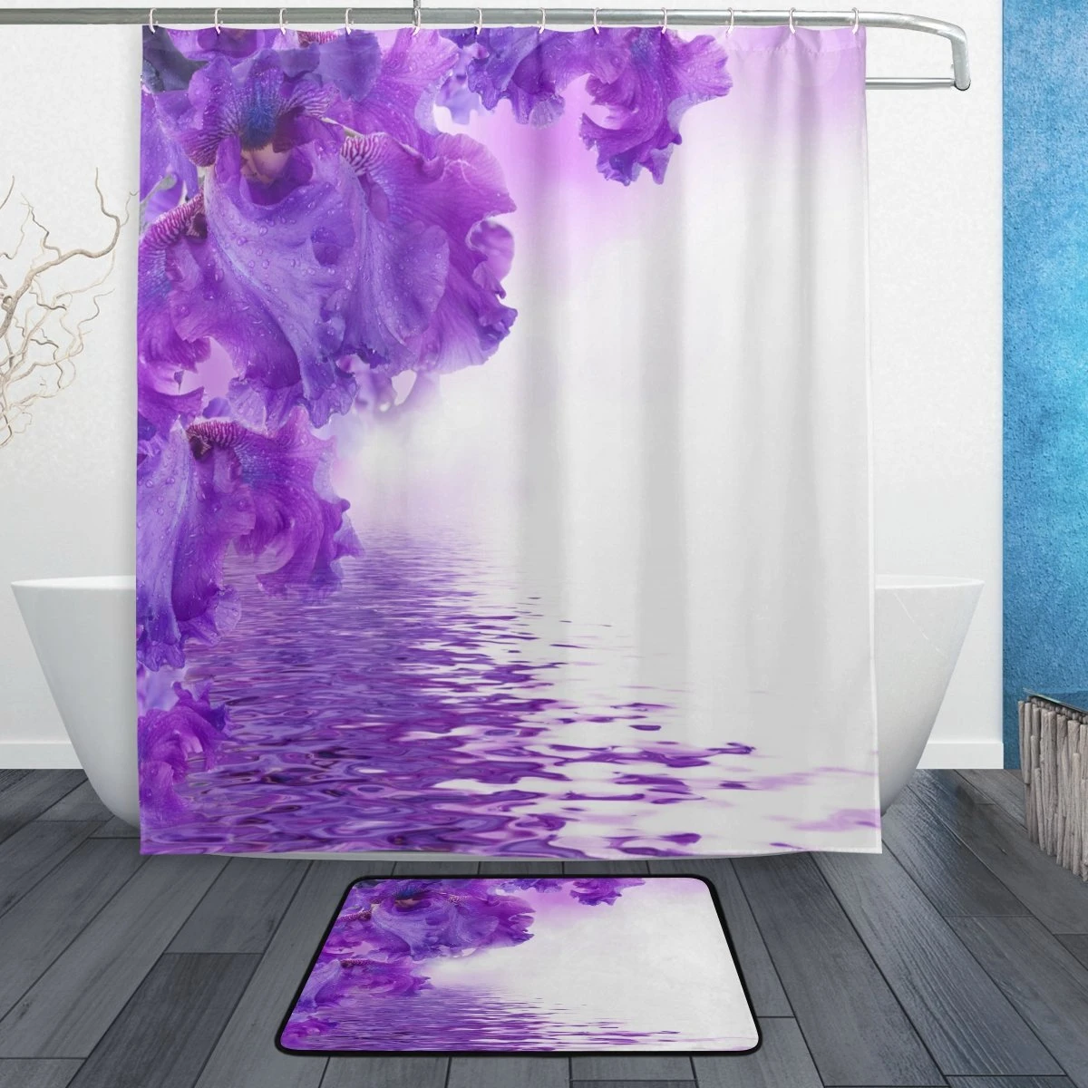 Purple Flower Shower Curtain And Mat Set Floral Irises Waterproof Fabric Bathroom Curtain Modern Flower Shower Curtain Fabric Bathroom Curtainsshower Curtain Aliexpress