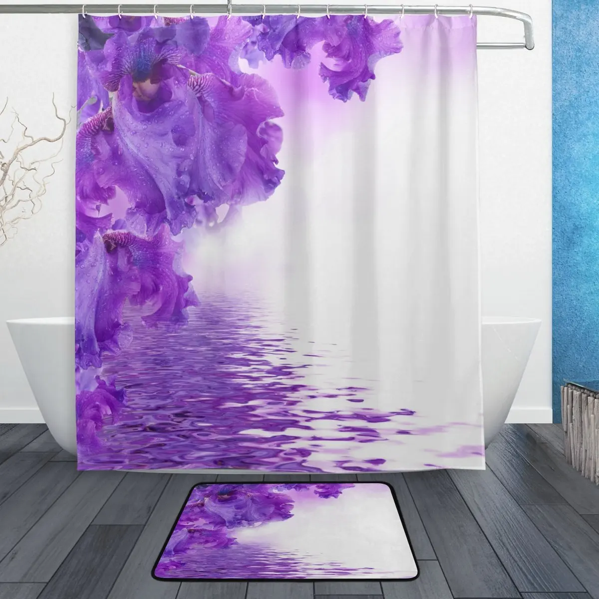 Purple Flower Shower Curtain and Mat Set, Floral Irises Waterproof