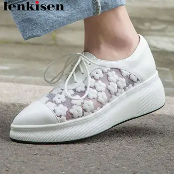 

Lenkisen natural leather breathable mesh lace up women sneakers pointed toe large size pretty girls oxford vulcanized shoes L07