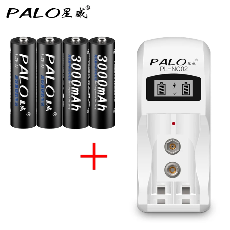 

2Slots LCD Smart Battery Charger for NI-MH NI-CD AAA AA 9V 6F22 rechargeab Batteries+4Pcs AA Battery for Camera Toys Electronics