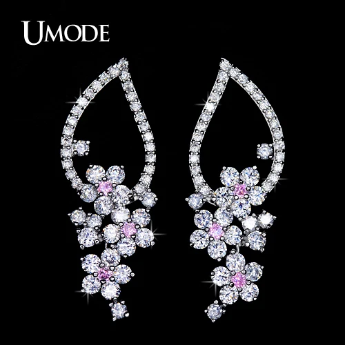 

UMODE New 2016 Elegant Female Long Big Dangle Earrings Pink Centre Sakura Cubic Zirconia Cluster Drop Earrings for Women UE0114