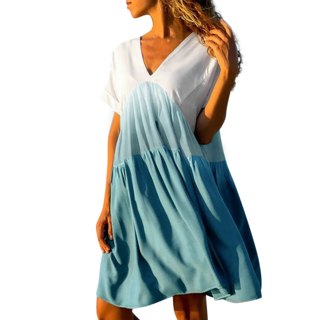 

Women's Casual Patchwork Gradient Color V-neck Short Sleeve Ruffled Loose Dress vestido mujer verano sexy #y3