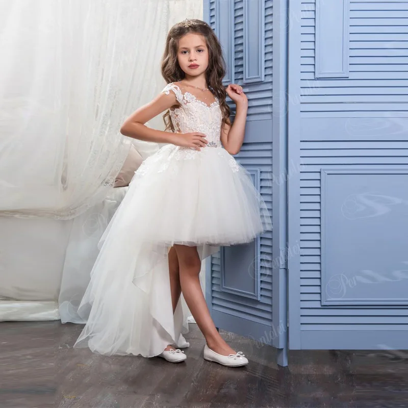 46 Hi Lo Flower Girls Dresses for Weddings with Scoop Neck and Cap Sleeves Appliques Tulle Little Ball gown Girls Wedding Gowns 89 (3)