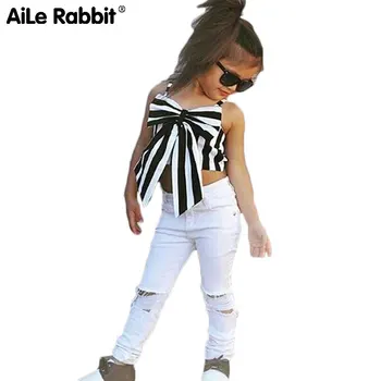 

AiLe Rabbit Girls Set Tops and Pants 2 Pieces Stripes Ribbon Short Style Children's Suits