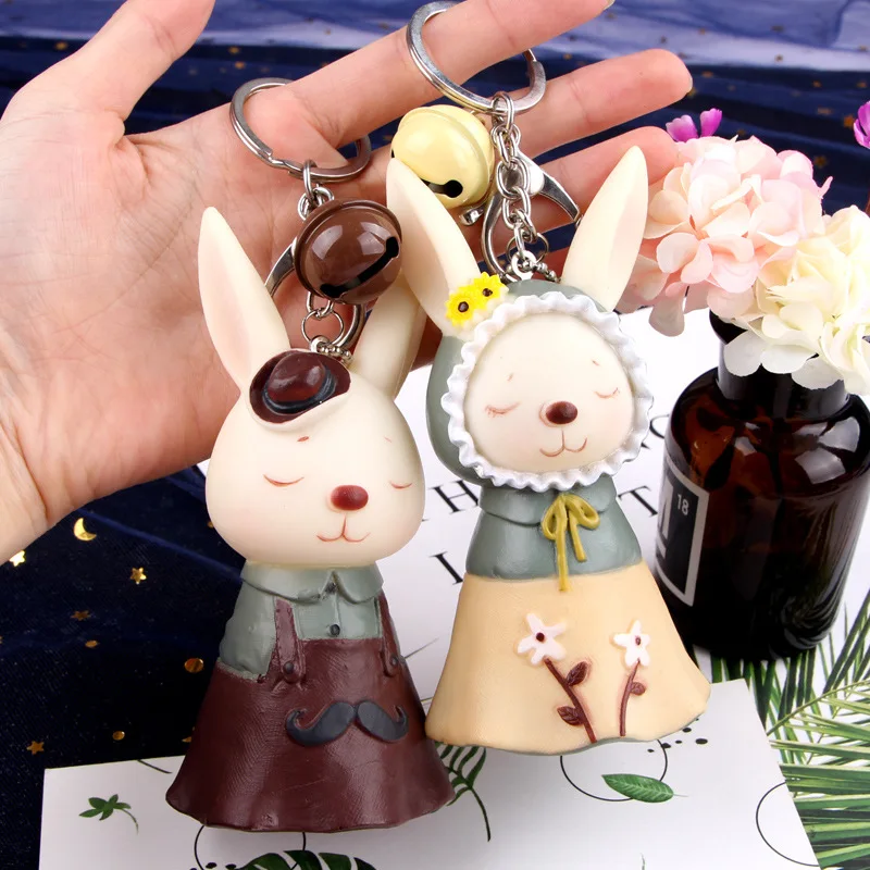 

High Quality 2019 Cute Pastoral Rural Couple Rabbit Keychain Keyrings for Women Girl Handbag Purse Backpack Charms Car Key Chain