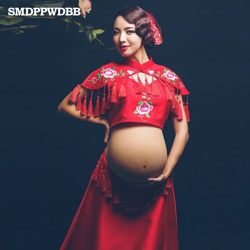 

SMDPPWDBB Red Embroidered Dress Pregnancy Photo Shoot Beach Dress Maternity Long Dress Pregnant Photography Props Fancy Clothing