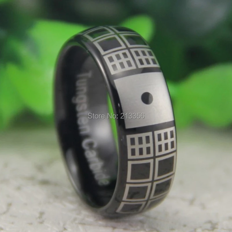 Низкая цена США Канада Лидер продаж 8 мм черный купол Доктор Кто Дизайн Господа Мужская Мода Вольфрам обручальное кольцо